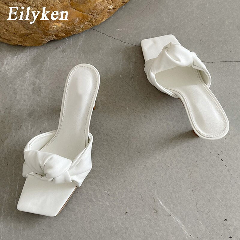 New Design Pleated PU Leather Women Slippers Square Toe High Heels Ladies Slides Summer Outdoor Fashion Dress Shoes
