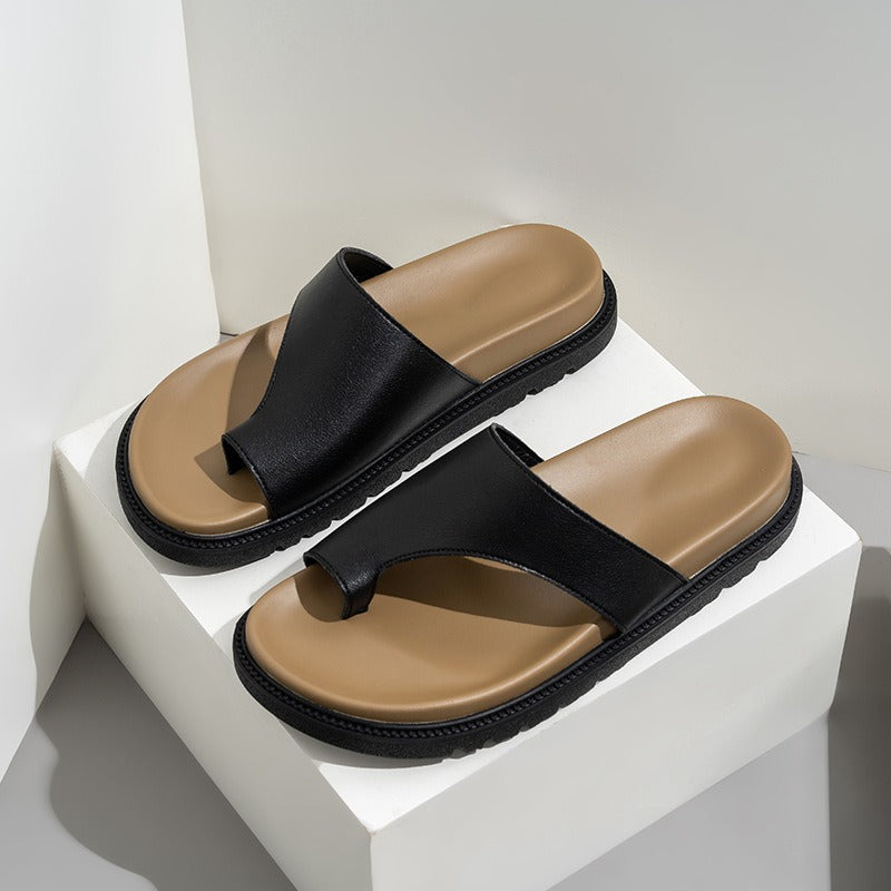 Genuine leather thick sole clip on women's sandals and slippers Boken retro soft sole