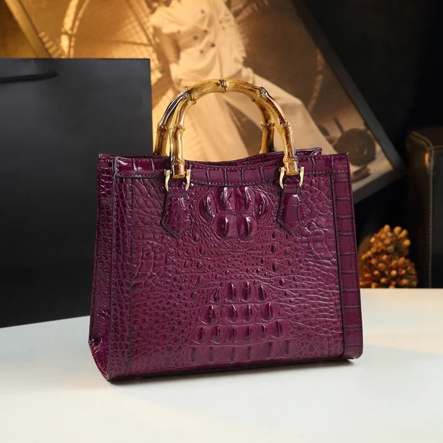 Genuine Leather Bamboo Women's Bag Crocodile Pattern