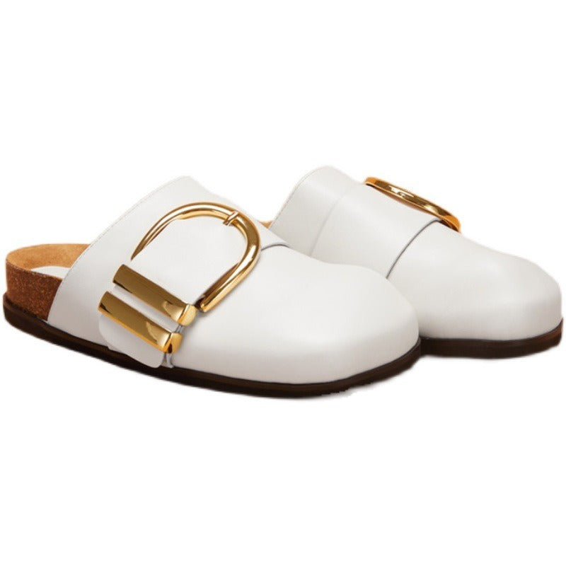 Baotou half drag cowhide large metal buckle, wearing genuine leather Boken slippers for women