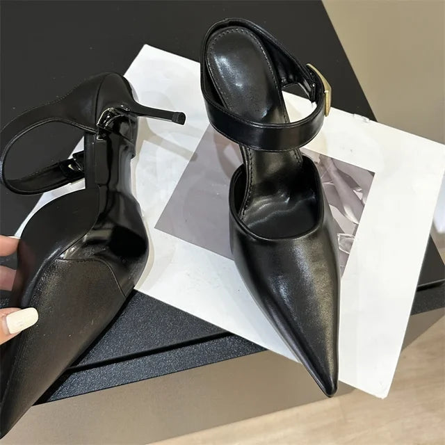 Lacquer leather pointed thin heel mid heeled single shoes low heels fashionable shallow mouth women's shoes wrapped sandals
