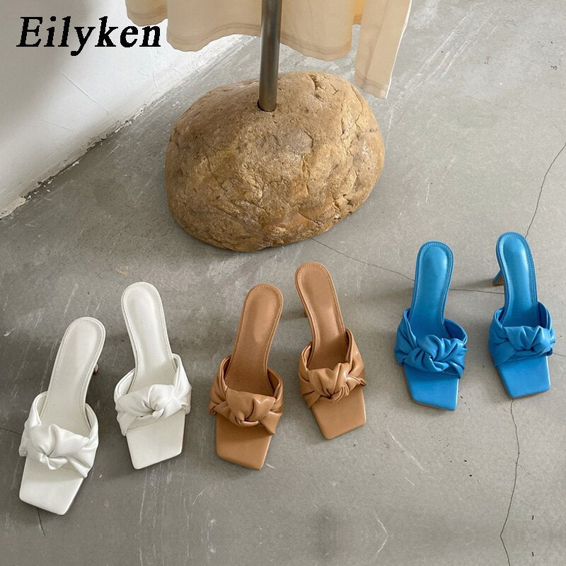 New Design Pleated PU Leather Women Slippers Square Toe High Heels Ladies Slides Summer Outdoor Fashion Dress Shoes
