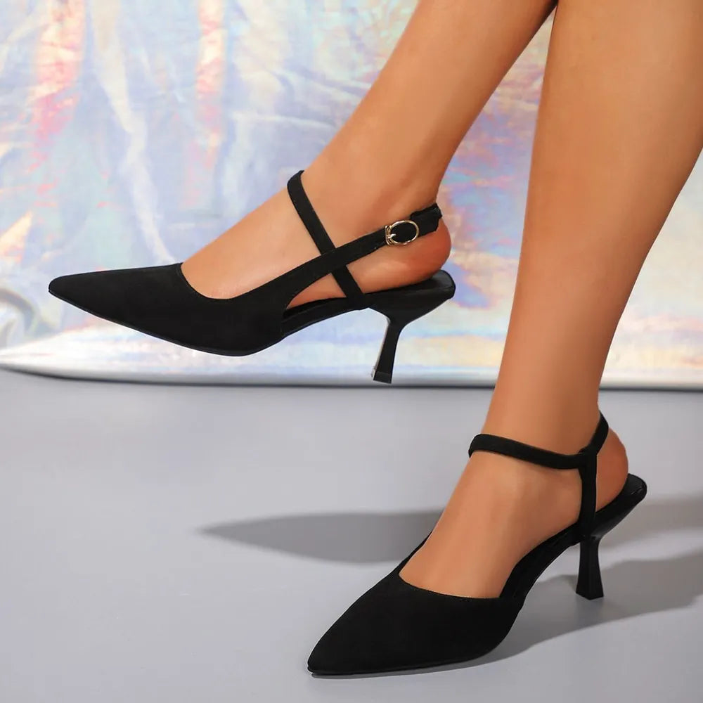 Summer high heels with pointed toes and slim heels paired with skirts
