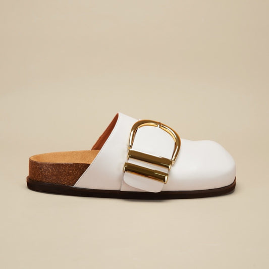 Baotou half drag cowhide large metal buckle, wearing genuine leather Boken slippers for women