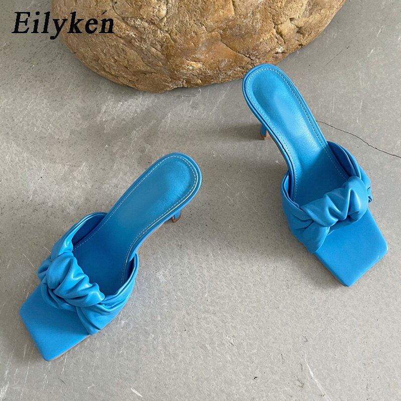 New Design Pleated PU Leather Women Slippers Square Toe High Heels Ladies Slides Summer Outdoor Fashion Dress Shoes