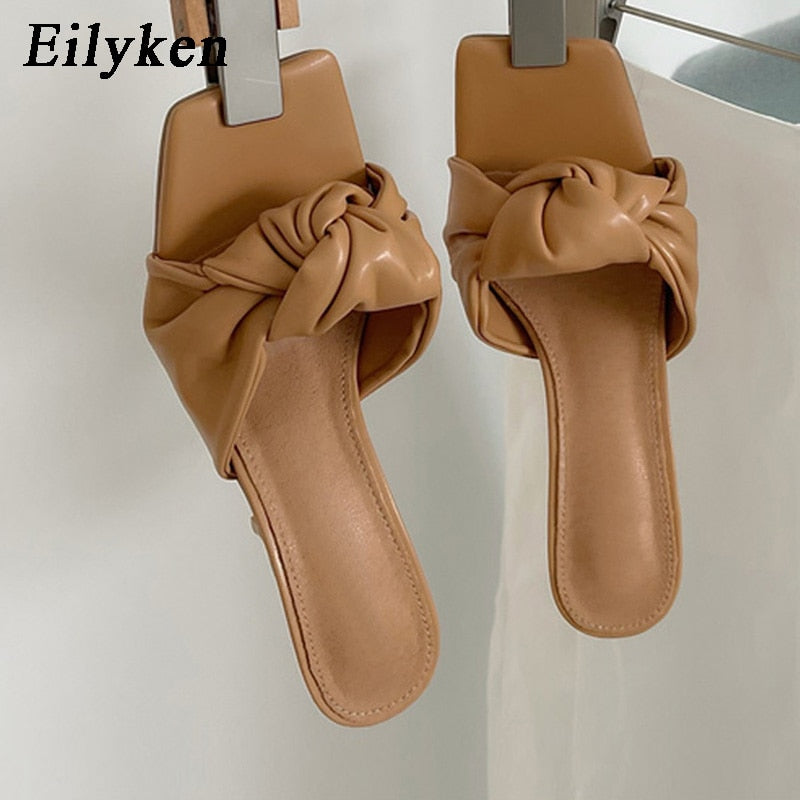 New Design Pleated PU Leather Women Slippers Square Toe High Heels Ladies Slides Summer Outdoor Fashion Dress Shoes